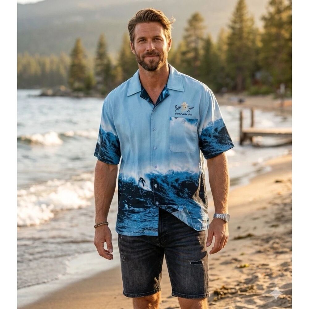 Lariat Saloon Grand Lake CO Big Wave Beach Camp Shirt Mens 2XL Surf Wave Vintage